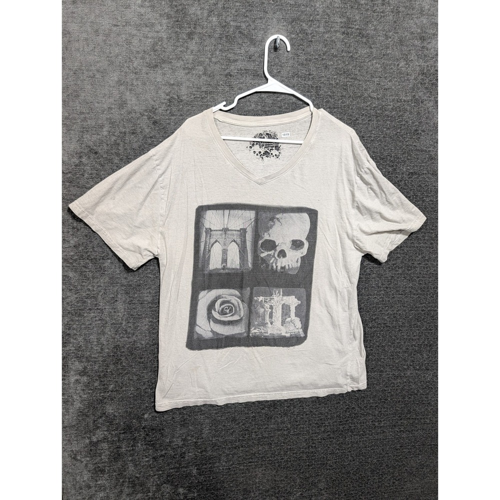 Ecko Unltd Black Mens XL V-Neck Graphic T-Shirt Skull Rose Bridge Grey